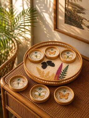 Vintage Jan-Mor Butterfly Bamboo Tray & Coaster Set w/ Box
